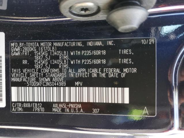 5TDDSKFC3NS044989 - 2022 TOYOTA SIENNA XSE BLUE photo 10