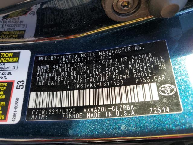 4T1K61AKXMU611550 - 2021 TOYOTA CAMRY XSE TEAL photo 10