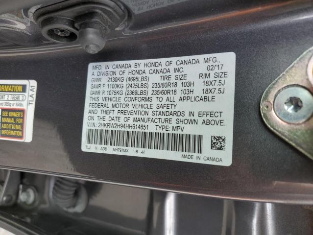 2HKRW2H94HH614651 - 2017 HONDA CR-V TOURI GRAY photo 10