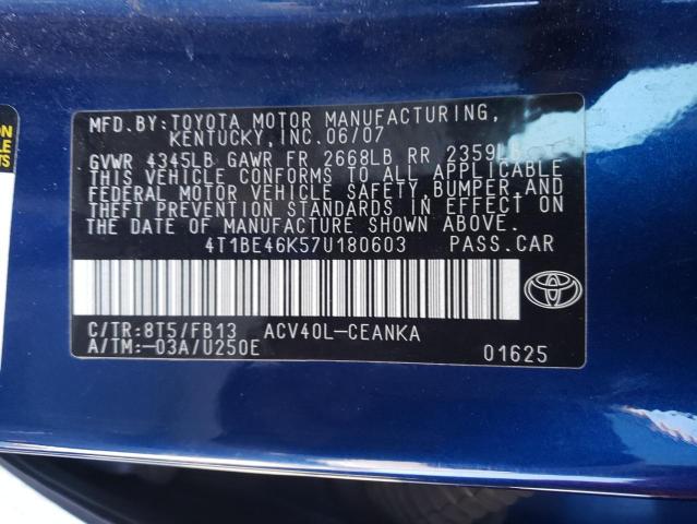 4T1BE46K57U180603 - 2007 TOYOTA CAMRY CE A BLUE photo 10