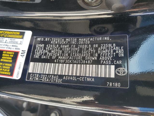 4T1BF3EK1AU538487 - 2010 TOYOTA CAMRY BASE BLACK photo 10