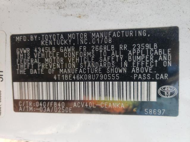 4T1BE46K08U790555 - 2008 TOYOTA CAMRY CE WHITE photo 10