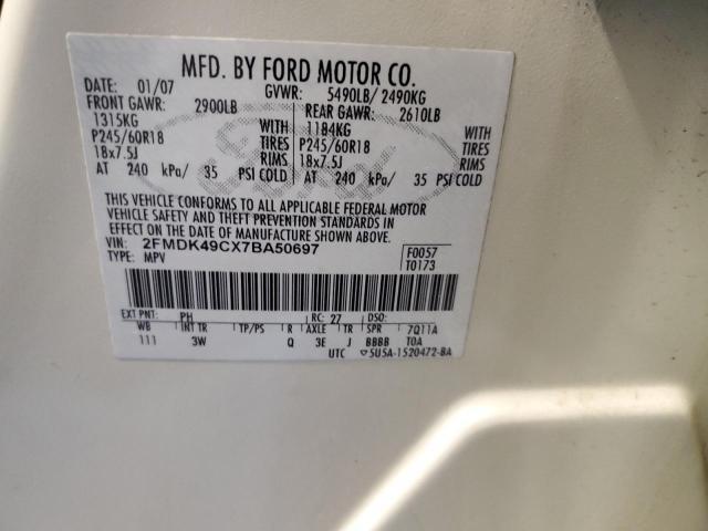 2FMDK49CX7BA50697 - 2007 FORD EDGE WHITE photo 10