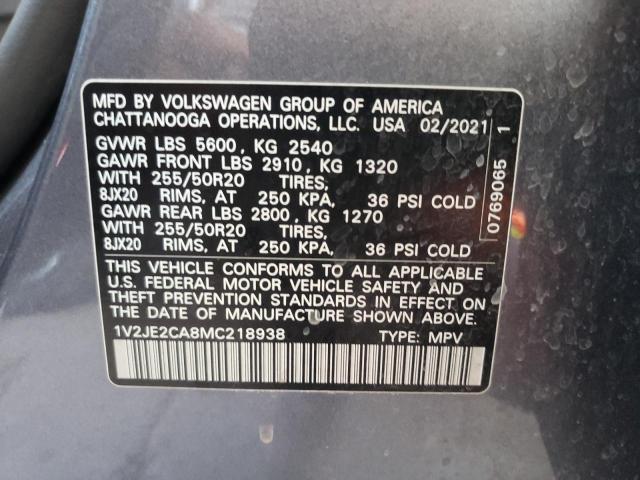 1V2JE2CA8MC218938 - 2021 VOLKSWAGEN ATLAS CROS Серый фото 10