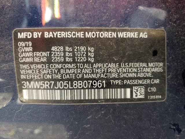 3MW5R7J05L8B07961 - 2020 BMW 330XI BLUE photo 10