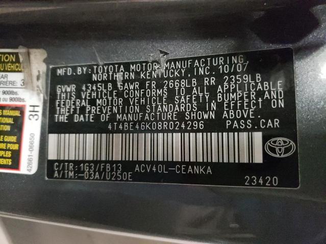 4T4BE46K08R024296 - 2008 TOYOTA CAMRY CE GRAY photo 10