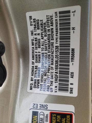 1HGFA16938L051538 - 2008 HONDA CIVIC EXL Qızıl foto 10