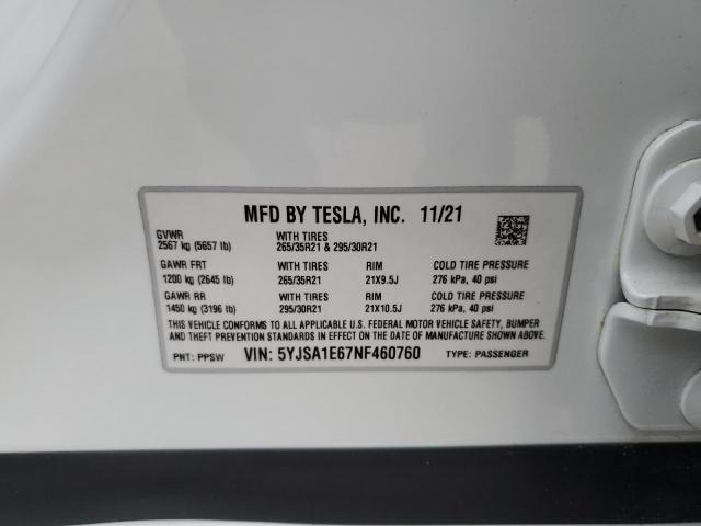 5YJSA1E67NF460760 - 2022 TESLA MODEL S Սպիտակ լուսանկար 10