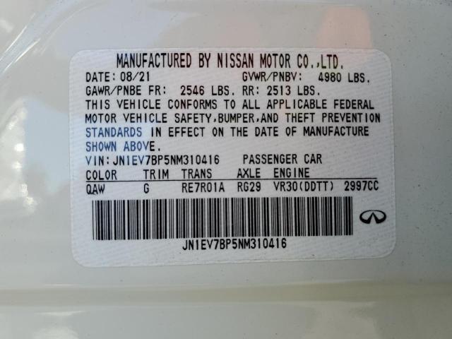 JN1EV7BP5NM310416 - 2022 INFINITI Q50 LUXE WHITE photo 10