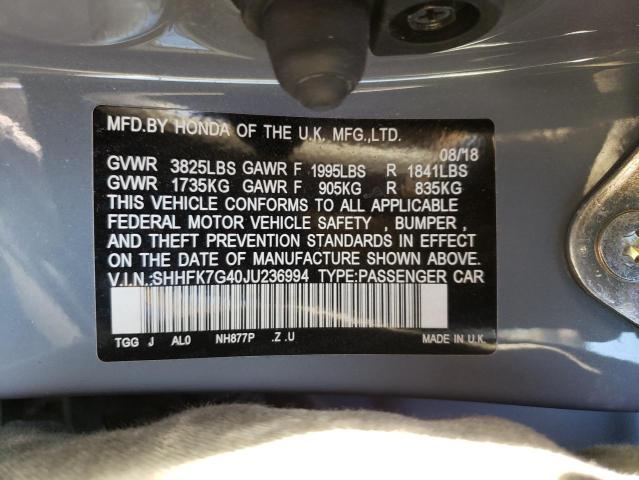 SHHFK7G40JU236994 - 2018 HONDA CIVIC SPOR 灰色 照片 10