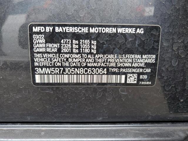 3MW5R7J05N8C63064 - 2022 BMW 330XI GRAY photo 12