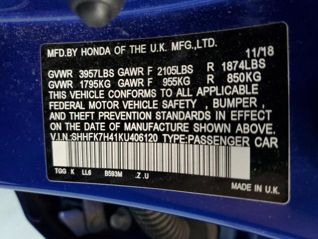 SHHFK7H41KU406120 - 2019 HONDA CIVIC SPOR BLUE photo 10