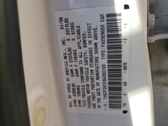 1HGCP26318A082169 - 2008 HONDA ACCORD LX WHITE photo 10