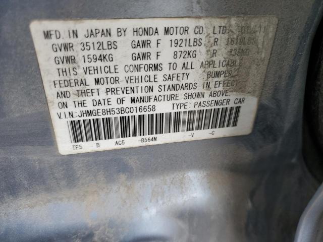 JHMGE8H53BC016658 - 2011 HONDA FIT SPORT BLUE photo 10