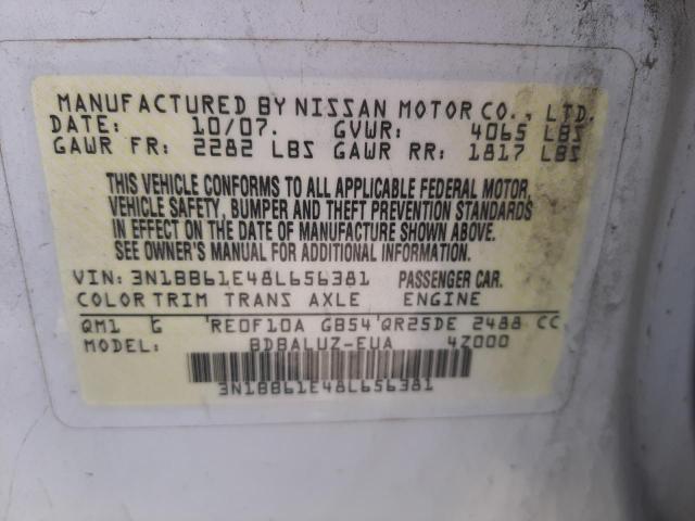 3N1BB61E48L656381 - 2008 NISSAN SENTRA SE- WHITE photo 10