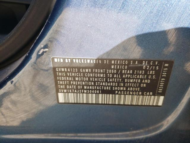 3VW1K7AJ2FM304061 - 2015 VOLKSWAGEN JETTA BASE 蓝色 照片 10