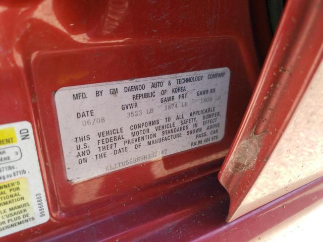 KL1TD56E89B332147 - 2009 CHEVROLET AVEO LS 红色 照片 10