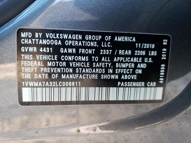 1VWMA7A32LC006611 - 2020 VOLKSWAGEN PASSAT R-L GRAY photo 10