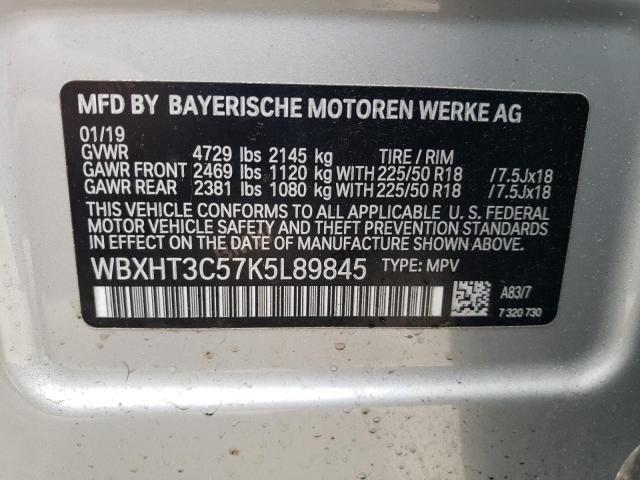 WBXHT3C57K5L89845 - 2019 BMW X1 XDRIVE2 SILVER photo 10