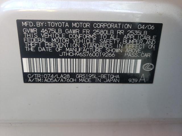 JTHCH96S760019266 - 2006 LEXUS GS 300 WHITE photo 10