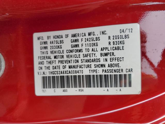 1HGCS2A8XCA008470 - 2012 HONDA ACCORD EXL RED photo 10