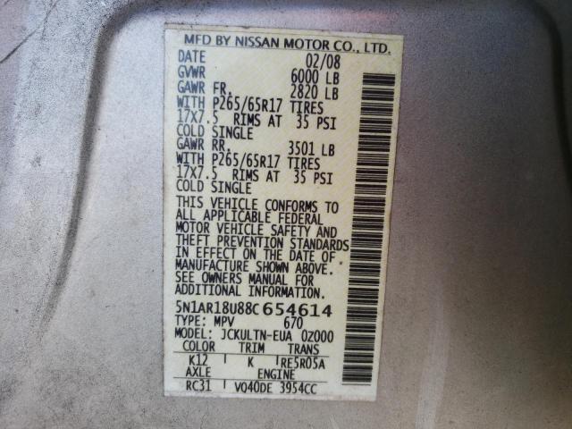 5N1AR18U88C654614 - 2008 NISSAN PATHFINDER SILVER photo 10