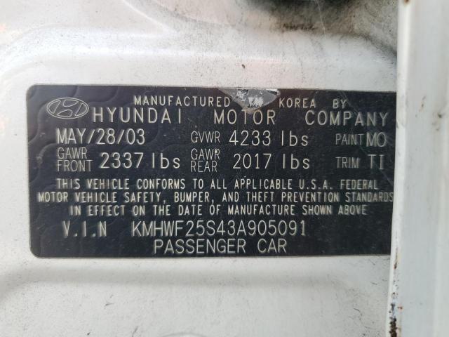 KMHWF25S43A905091 - 2003 HYUNDAI SONATA GL WHITE photo 10