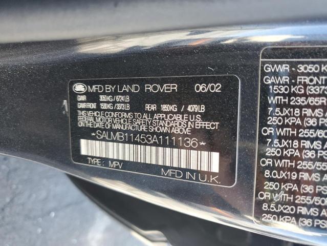 SALMB11453A111136 - 2003 LAND ROVER RANGE ROVE CHARCOAL photo 10