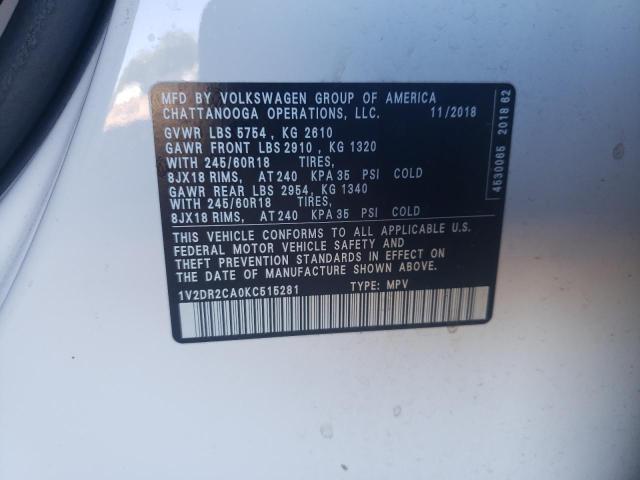 1V2DR2CA0KC515281 - 2019 VOLKSWAGEN ATLAS SE WHITE photo 10