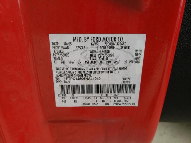 1FTPX14506NA44940 - 2006 FORD F150 RED photo 10