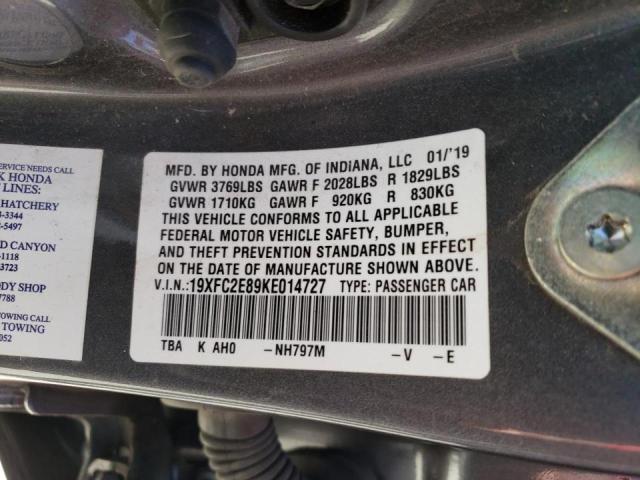 19XFC2E89KE014727 - 2019 HONDA CIVIC SPOR CHARCOAL photo 10