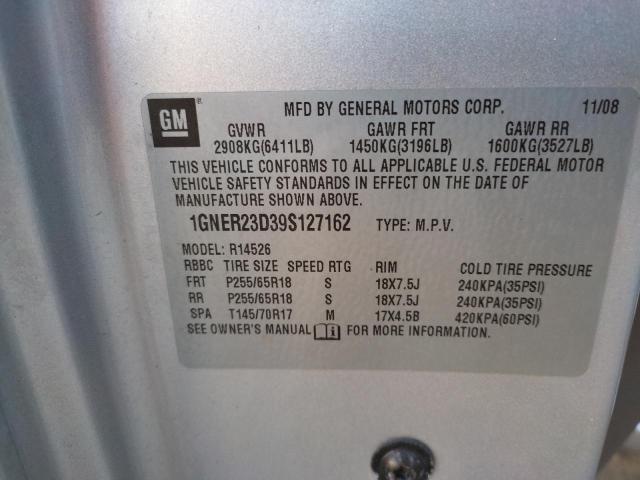 1GNER23D39S127162 - 2009 CHEVROLET TRAVERSE L SILVER photo 10