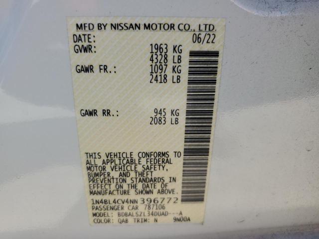 1N4BL4CV4NN396772 - 2022 NISSAN ALTIMA SR WHITE photo 10