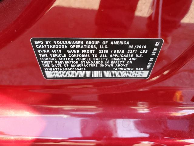 1VWAT7A3XGC033459 - 2016 VOLKSWAGEN PASSAT RED photo 10