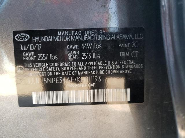 5NPE34AF7KH811193 - 2019 HYUNDAI SONATA LIM GRAY photo 10