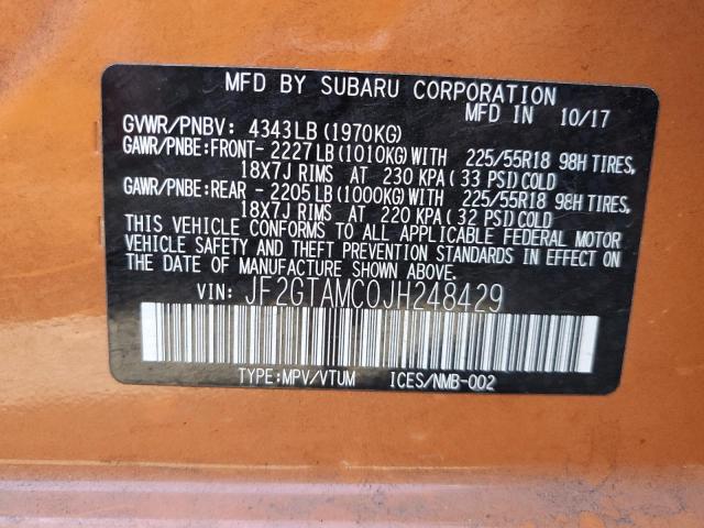 JF2GTAMC0JH248429 - 2018 SUBARU CROSSTREK ORANGE photo 10