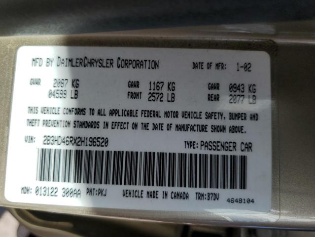 2B3HD46RX2H196520 - 2002 DODGE INTREPID S 金色 照片 10