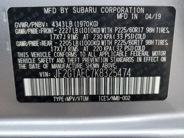 JF2GTAEC7K8325474 - 2019 SUBARU CROSSTREK SILVER photo 10