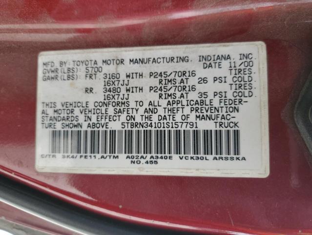 5TBRN34101S157791 - 2001 TOYOTA TUNDRA ACC RED photo 10