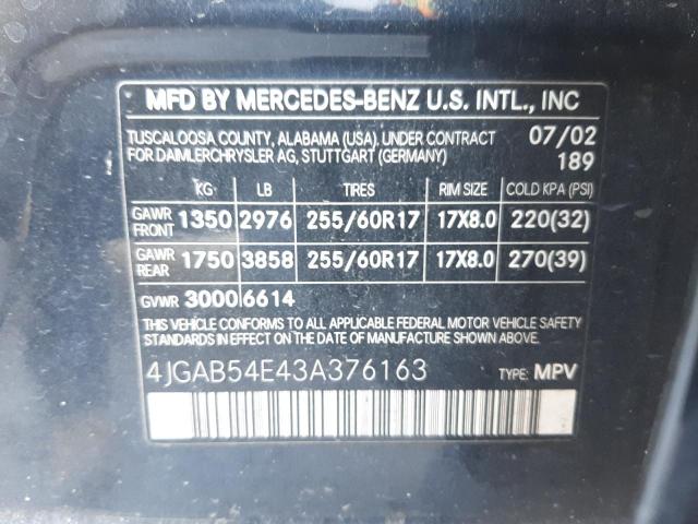 4JGAB54E43A376163 - 2003 MERCEDES-BENZ ML 320 BLACK photo 10