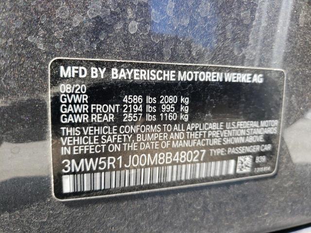 3MW5R1J00M8B48027 - 2021 BMW 330I GRAY photo 10