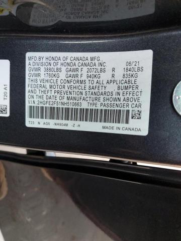 2HGFE2F51NH510663 - 2022 HONDA CIVIC SPOR BLACK photo 10