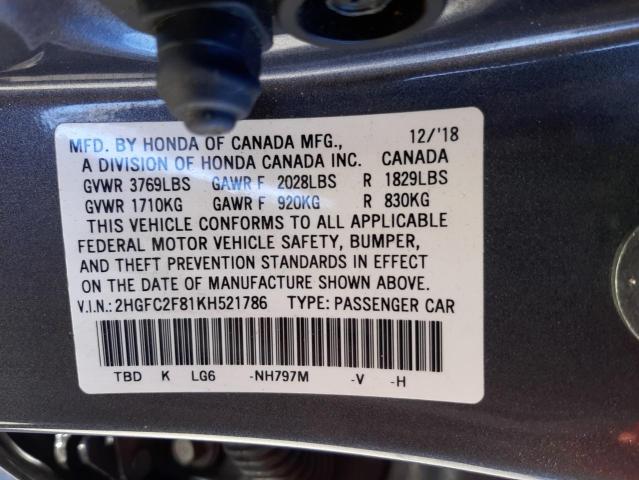 2HGFC2F81KH521786 - 2019 HONDA CIVIC SPOR GRAY photo 10