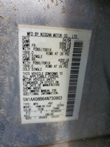 5N1AA08B64N730863 - 2004 NISSAN ARMADA SE SILVER photo 10