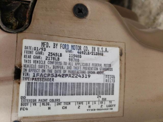 1FACP5342PA224319 - 1993 FORD TAURUS LX TAN photo 10