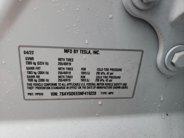 7SAYGDEE0NF419228 - 2022 TESLA MODEL Y أبيض صورة 10