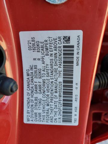 2HGFC2F81MH552328 - 2021 HONDA CIVIC SPOR RED photo 10