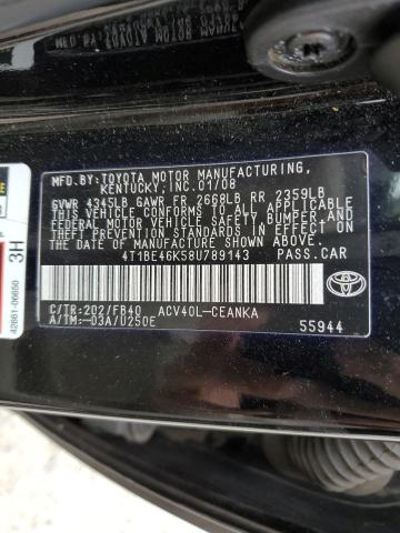 4T1BE46K58U789143 - 2008 TOYOTA CAMRY CE BLACK photo 10