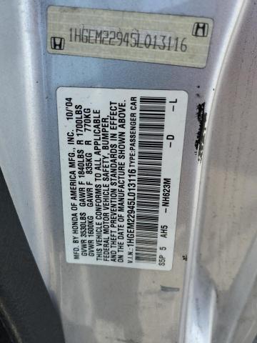 1HGEM22945L013116 - 2005 HONDA CIVIC EX SILVER photo 10