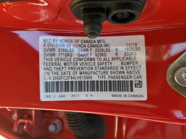 2HGFC2F84LH515966 - 2020 HONDA CIVIC SPOR 红色 照片 10